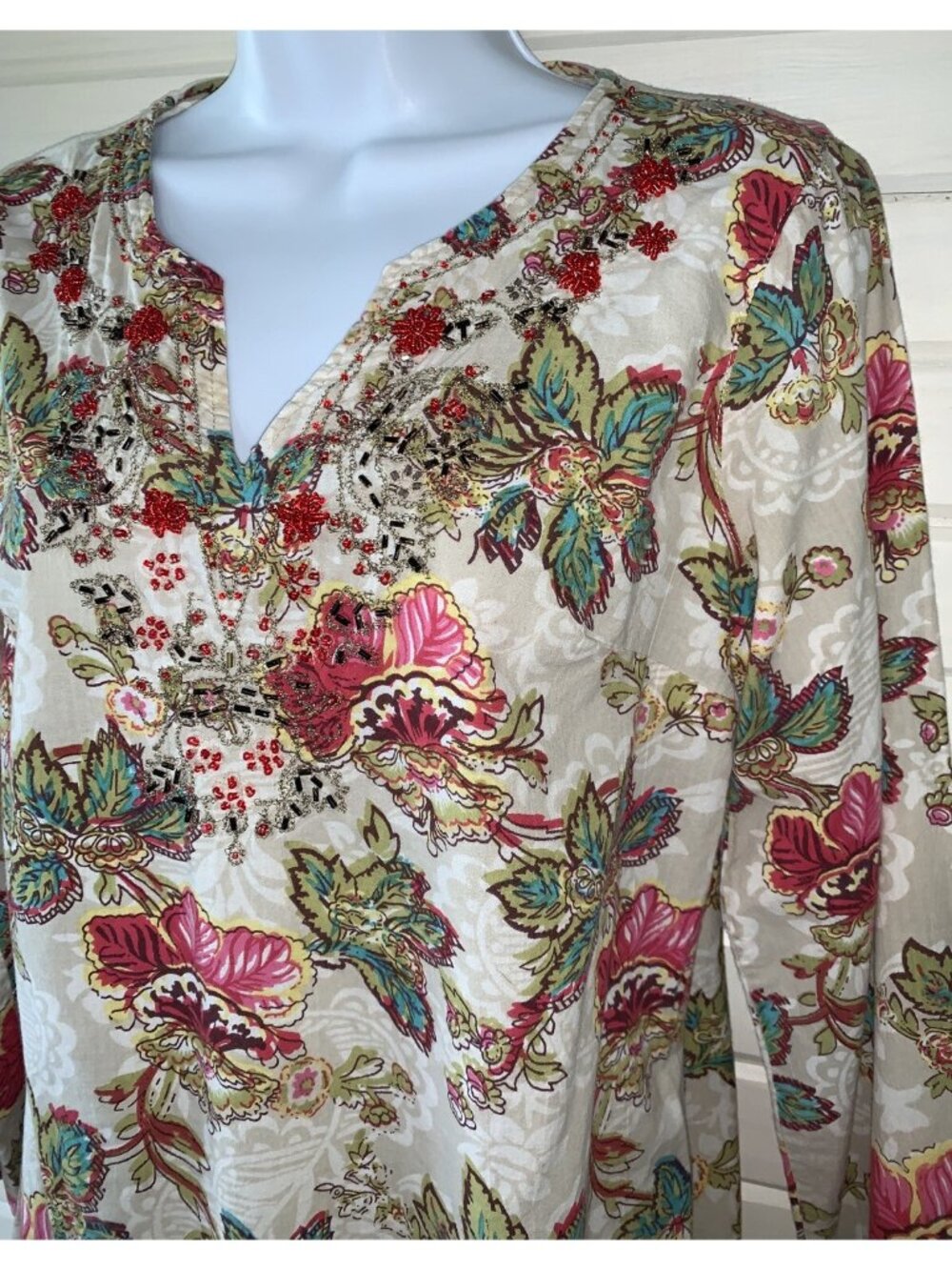 Samantha’s Style Shoppe Sz SMALL 100% Cotton Boho FLORAL Beaded Tunic EUC